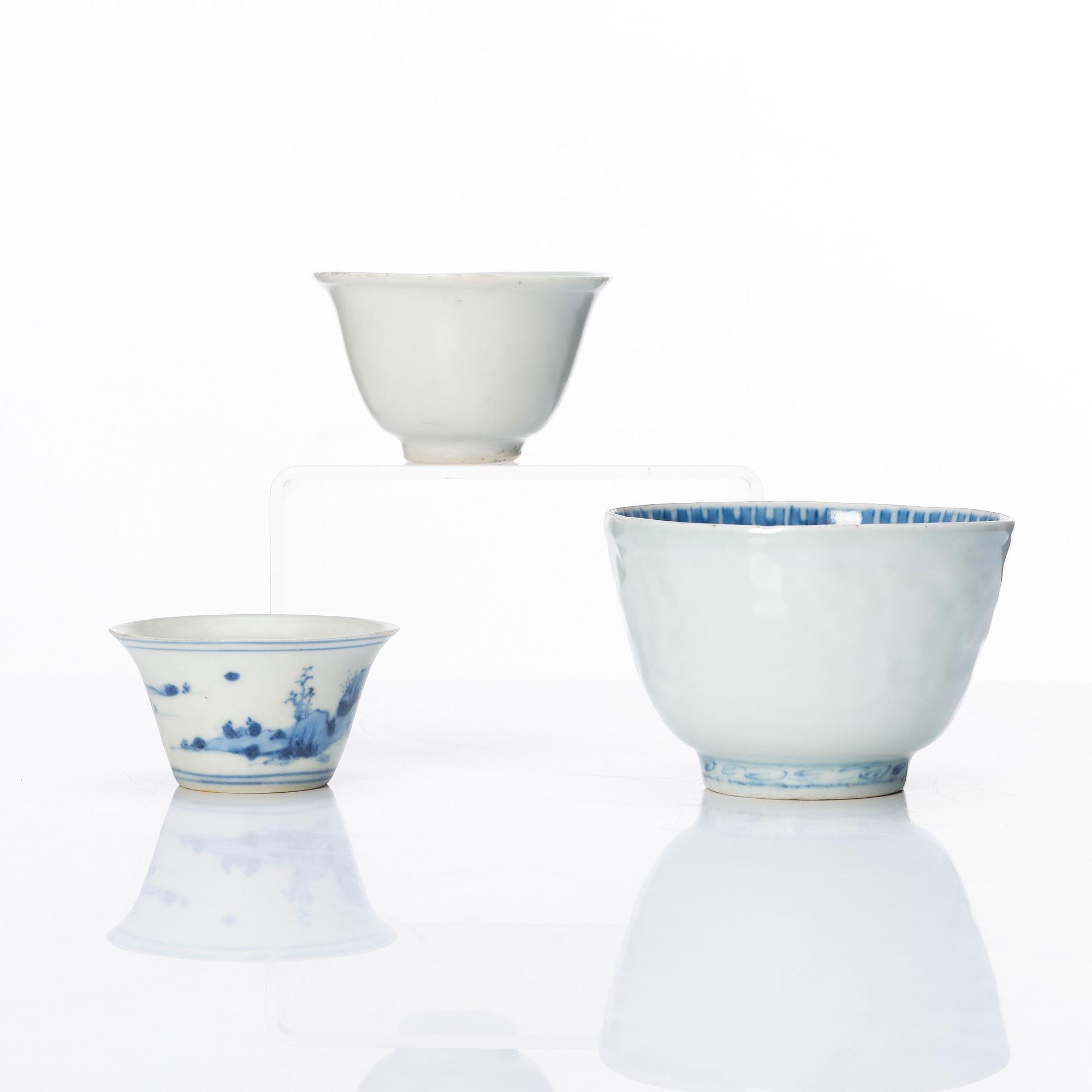 Three blue and white cups, Ming dynasty (1368-1644).