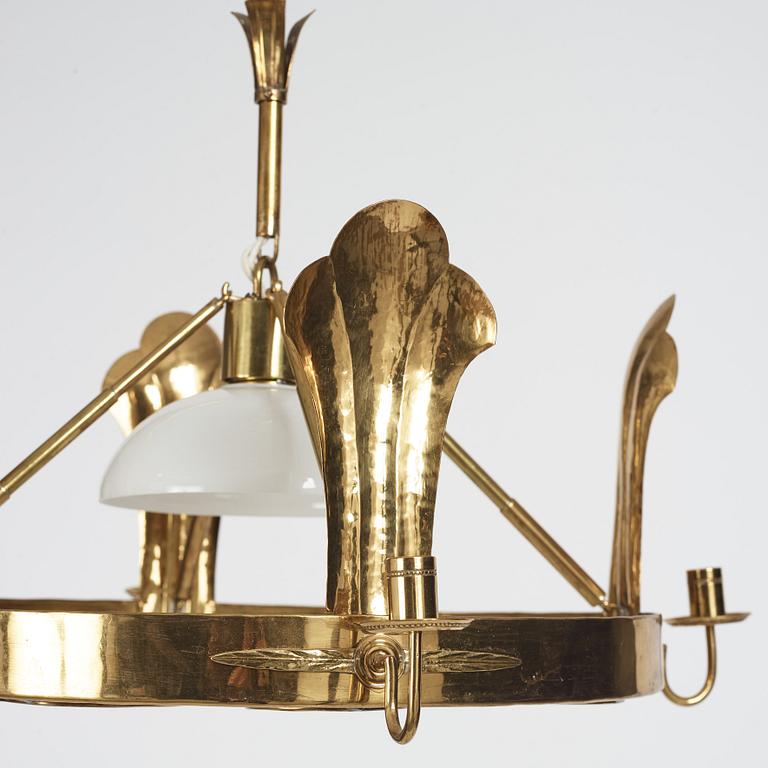 Lars Holmström, a Swedish Grace brass ceiling chandelier, Arvika Sweden 1920s-1930s.