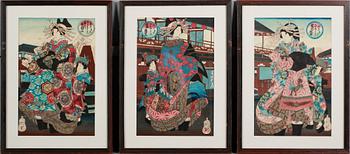OKÄND KONSTNÄR, 3 st, kolorerade träsnitt, Japan, 1800-/1900-tal.