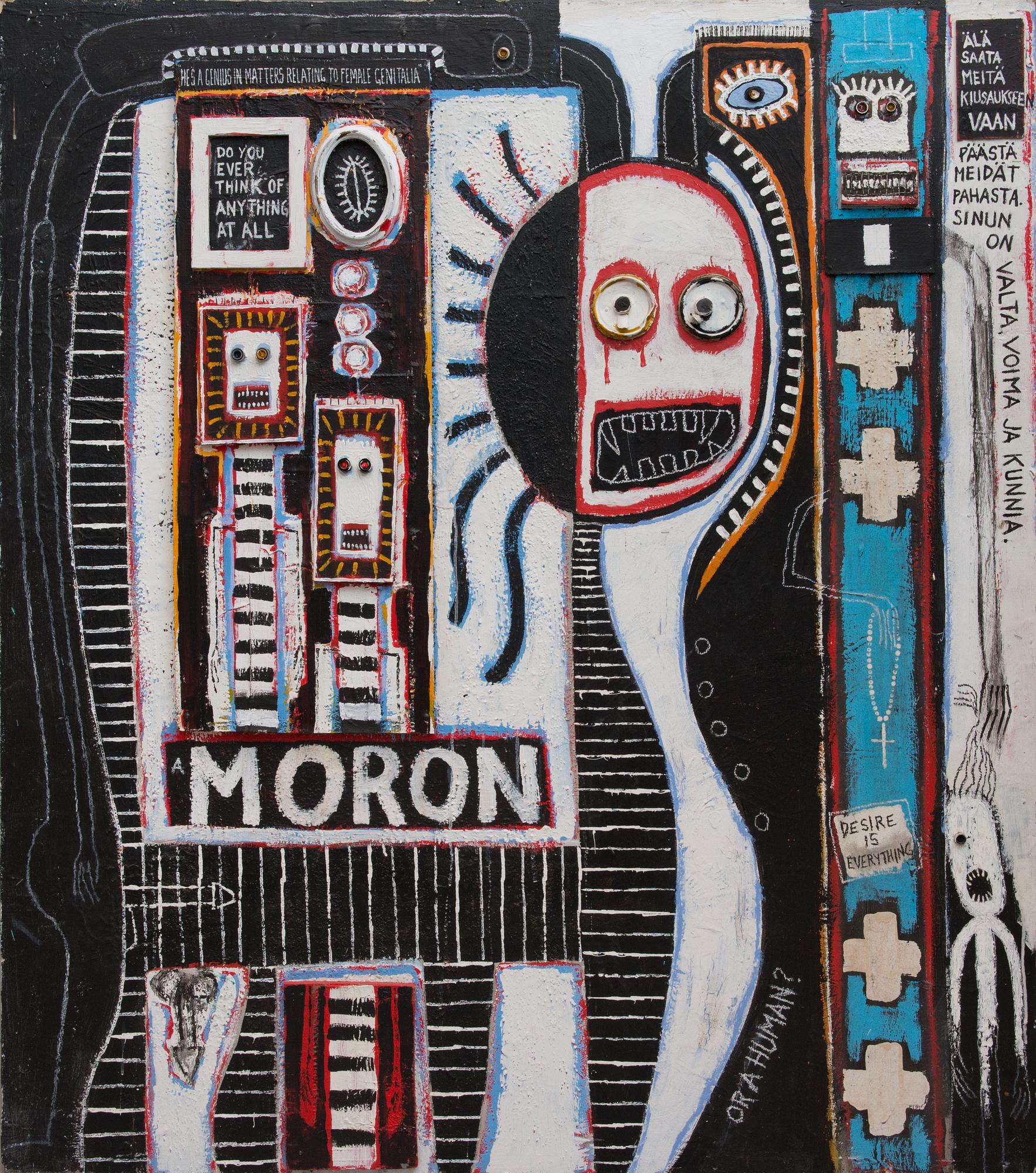 Jori Kalliola, blandteknik och assemblage på träd, signerad och daterad 2013.