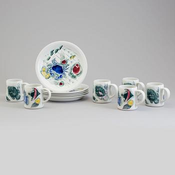 A set of six porcelain plates and cups by Anja Juurikkala, "Crayfish", Arabia.