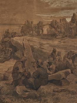 August Malmström och Hans Gude, tuschlavyr på brunt papper förhöjd med vit gouache, signerad Hans Gude och A. Malmström.
