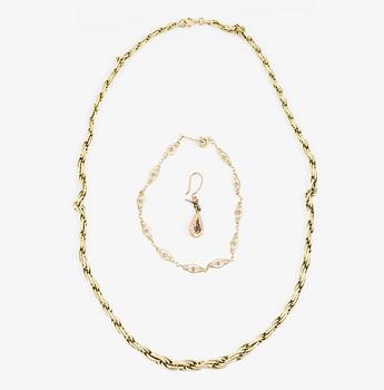 COLLIER, ARMBAND samt ÖRHÄNGE, 1+1+1, 14 K guld. Totalvikt ca 11 gram.