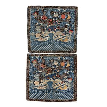 1130. A pair of kesi military officials badges with bears, Qing dynasty, 19th century.