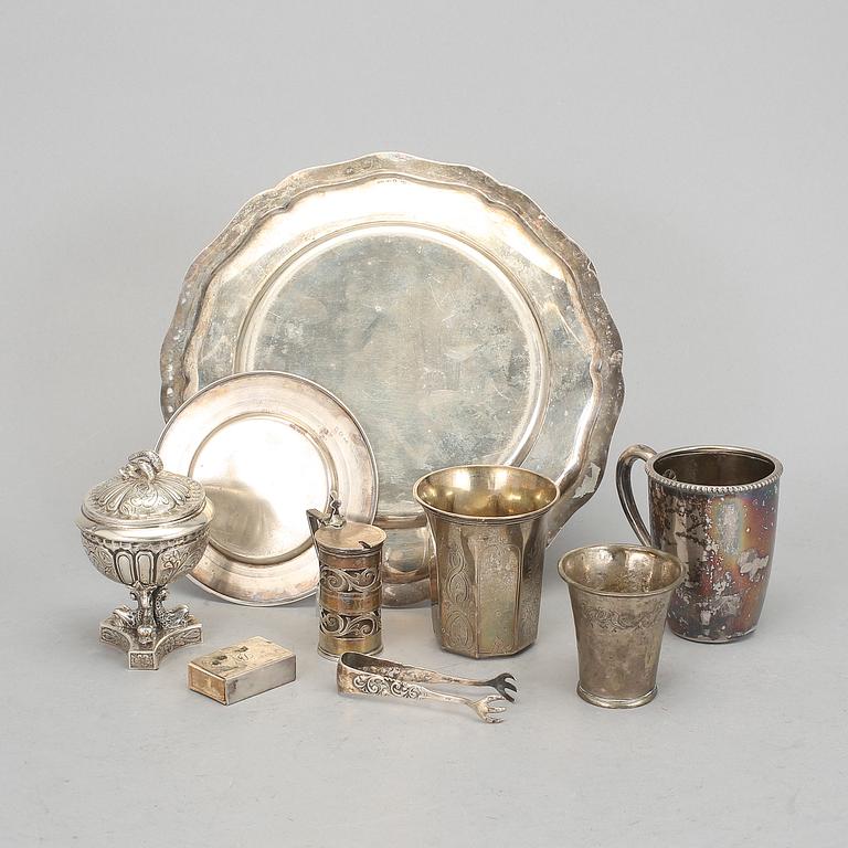 PARTI SILVER, 9 delar, blandade nationaliteter, 1800/1900-tal. Total vikt ca 796 gram.