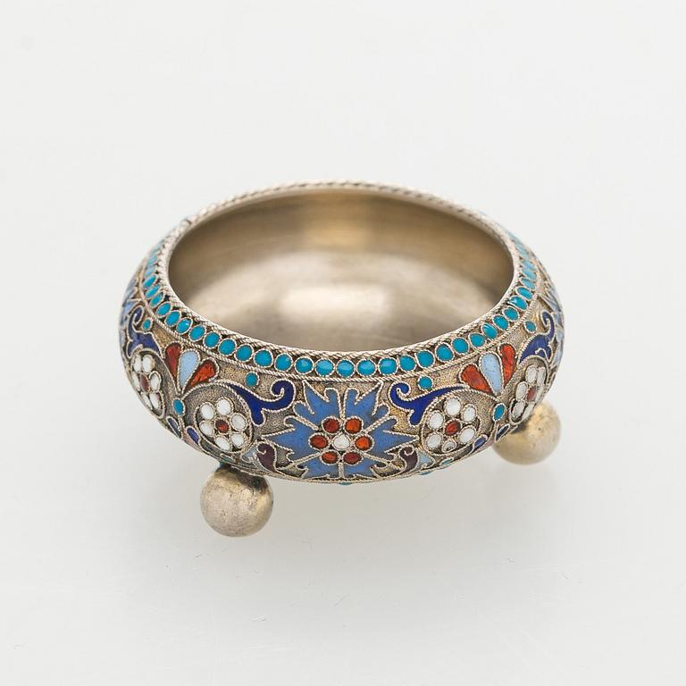 A silver parcel-gilt, cloisonné enamel salt cellar, 1890s.