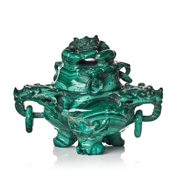 748. A Chinese malachite tripod censer with cover, early 20th Century.