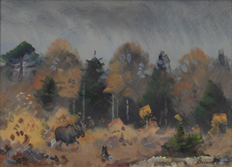 Lindorm Liljefors, Autumn landscape with moose and dog.