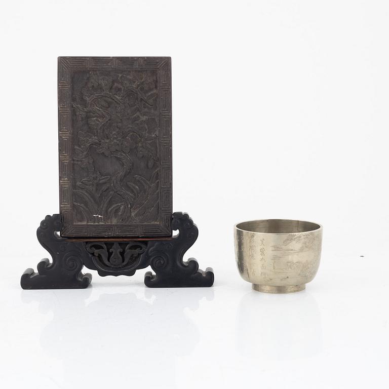 A stone placque and a metal cup, late Qing dynasty.