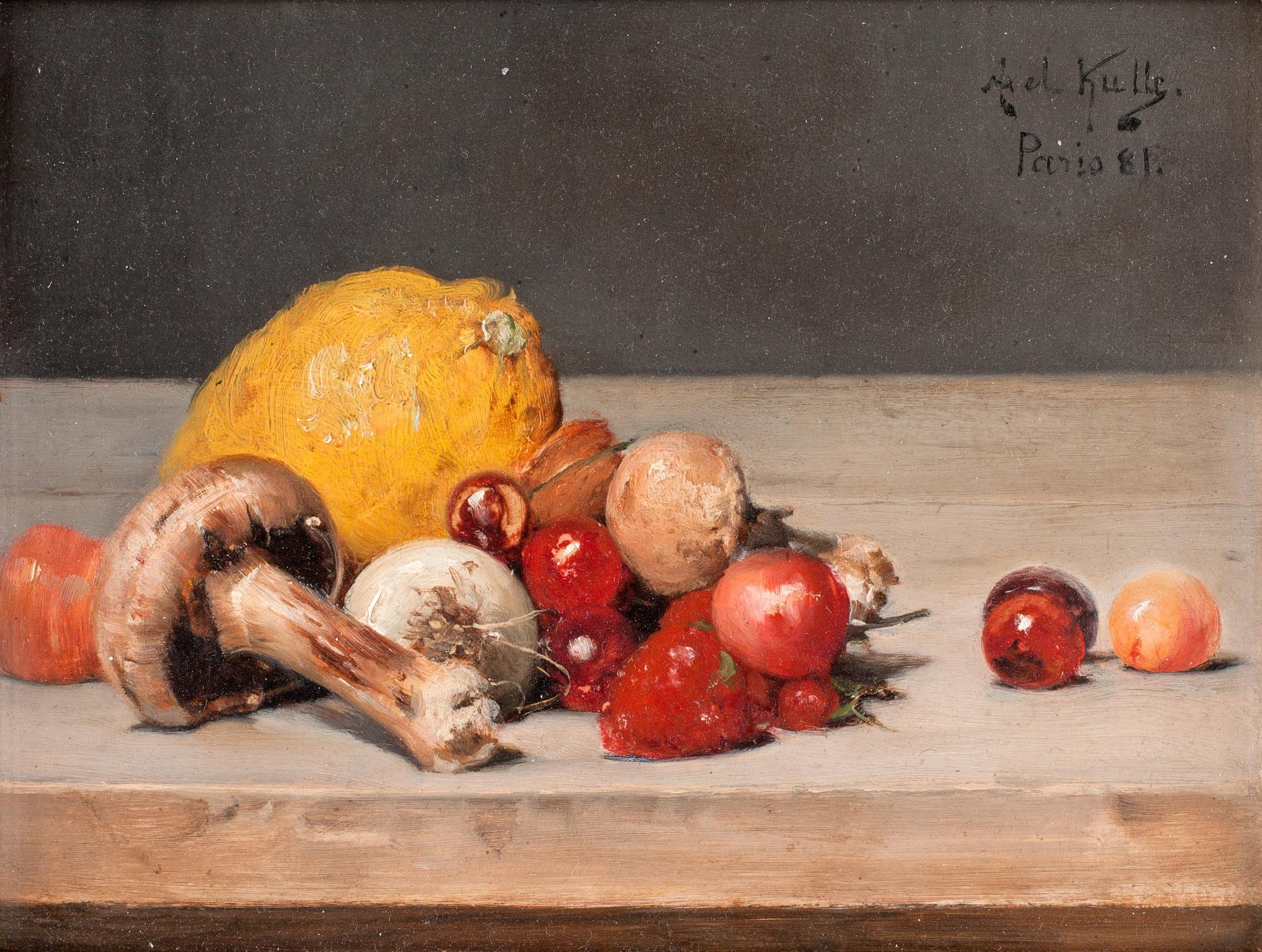 Axel Kulle, Stilleben med citron, svamp och bär.