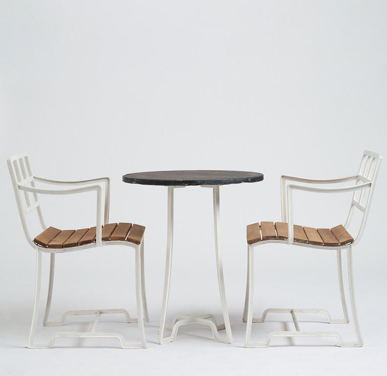 Carl Hörvik, trädgårdsmöbel, bord med 2 stolar, för Stadshotellet Båstad (Hotell Skansen) eller Lindgården, Stockholm ca 1927-29.