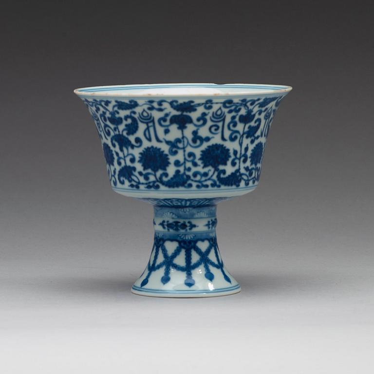 A blue and white stemcup with 'Lanca' characters, Qing dynasty with Qianlong mark.