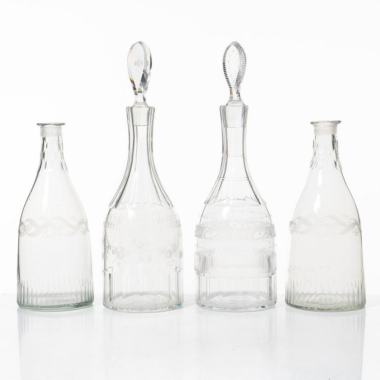 Four glass decanters, Gustavian, Sweden, late 18th century and first half of the 19th century.