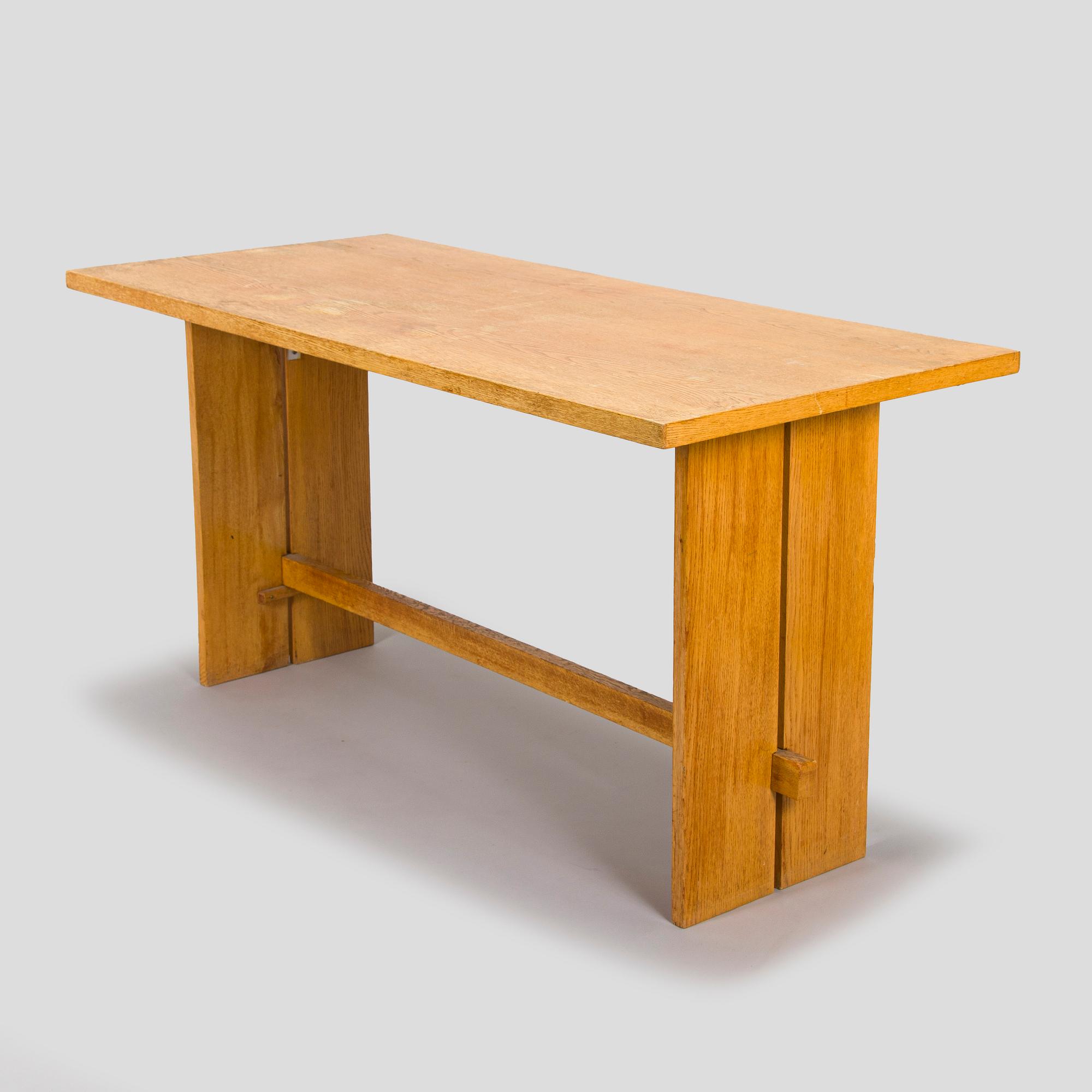 Dining table and two benches, mid-20th century.