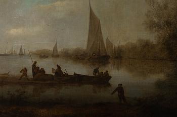 Salomon van Ruysdael, River landscape with fishermen, figures and boats.