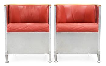 A pair of Mats Theselius 'Aluminium/Theselius' aluminium, birch and  red leather armchairs, Källemo AB.
