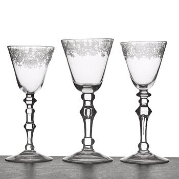 A set of three wine glasses, 18th Century.