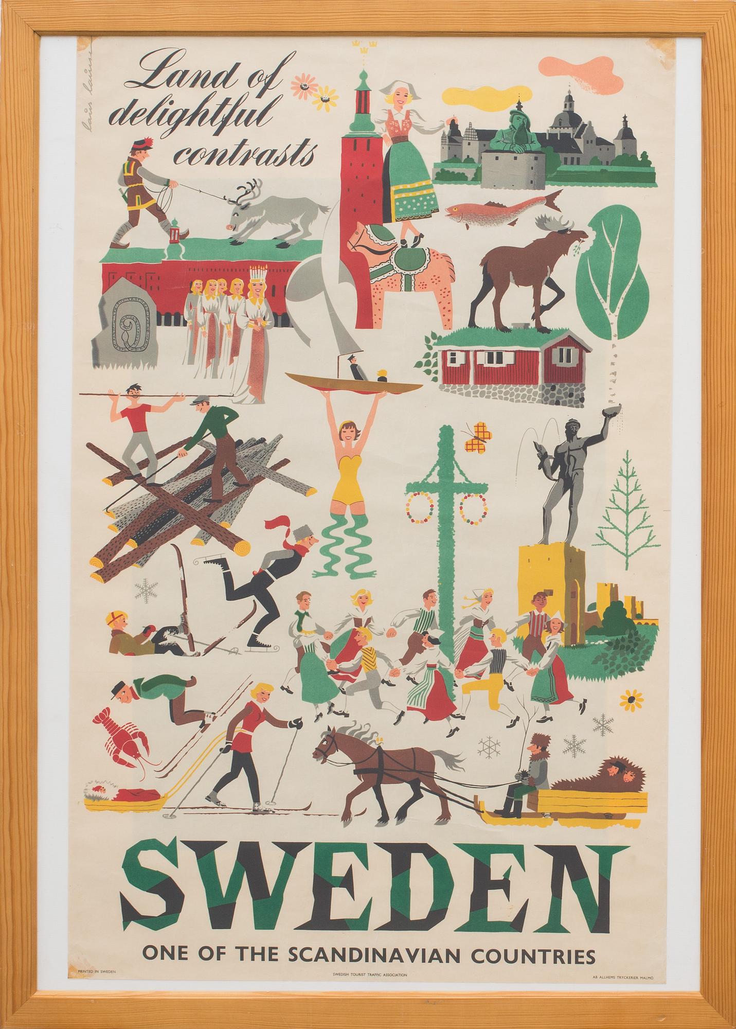 AFFISCH, "Land of delightful contrasts- Sweden one of the Scandinavian countries", 1900-talets mitt.