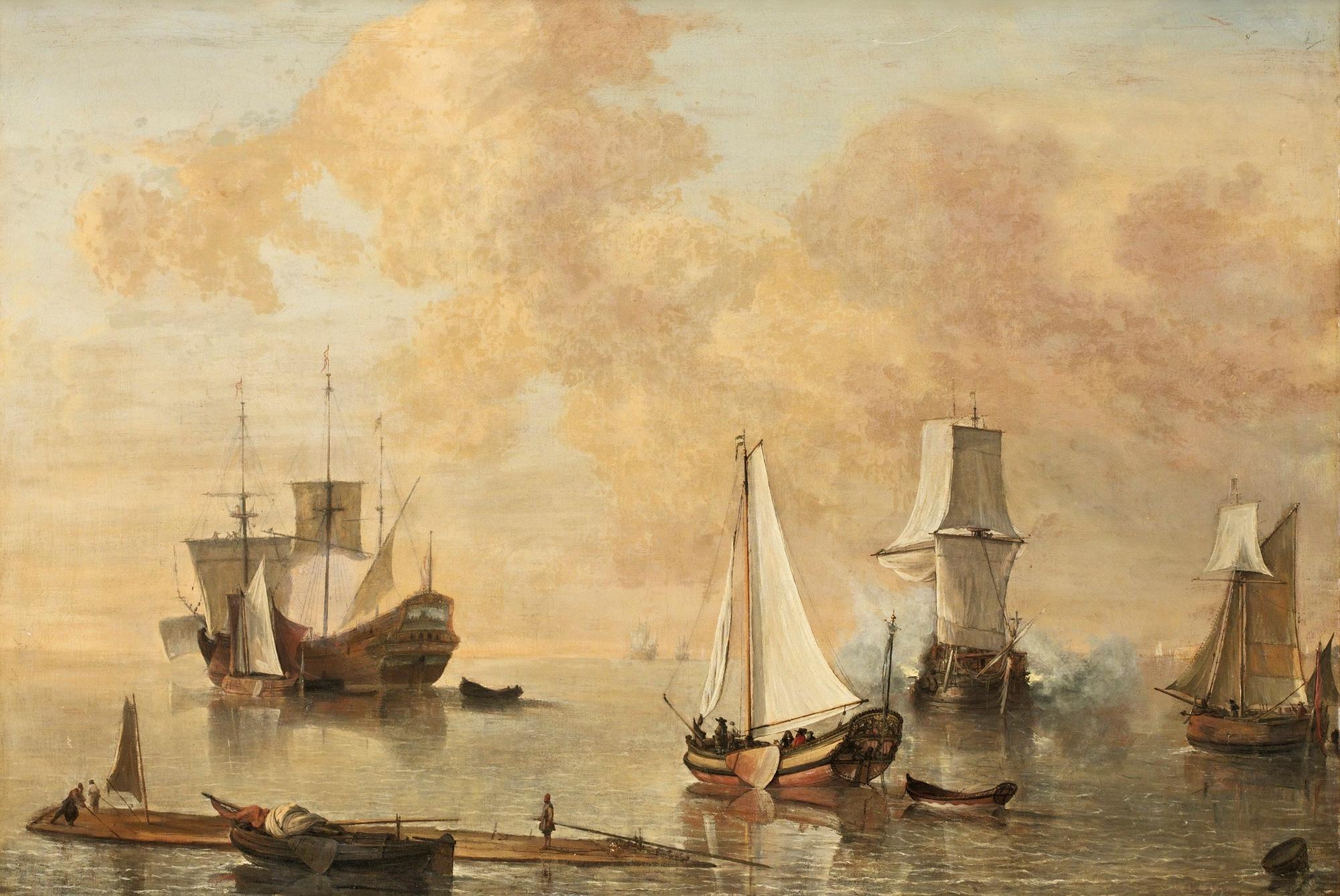 Lieve Pietersz. Verschuir Hans krets, Hamnbild med salutskjutande skepp.