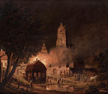 PEHR HILLESTRÖM, "Eldsvåda i kyrkby" (Fire in a village by a church).