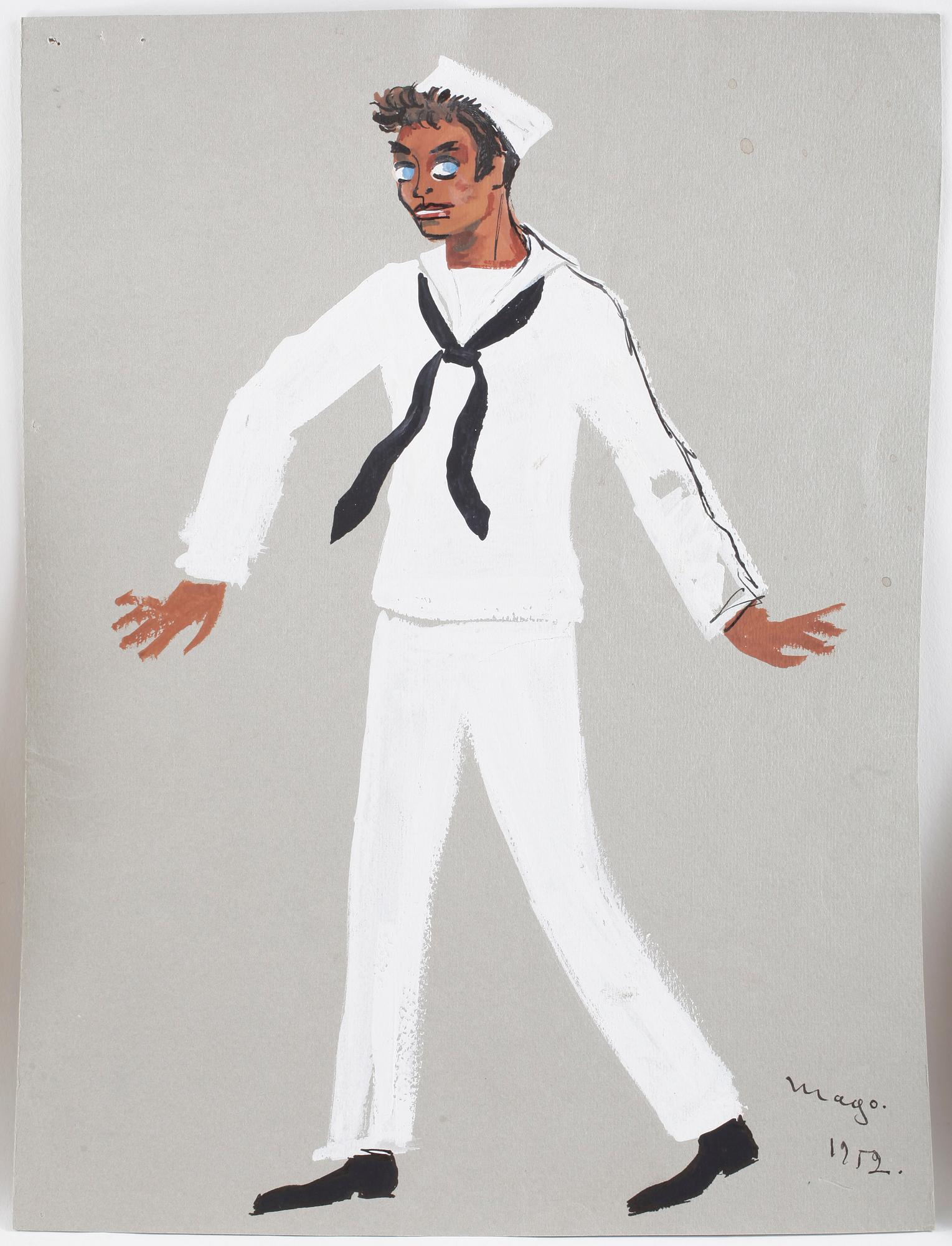 MAX GOLDSTEIN (MAGO), ca 84 st, kostymskisser och akvarellteckningar för Bl a från Södran, Revy; " En lycklig resa",1952.