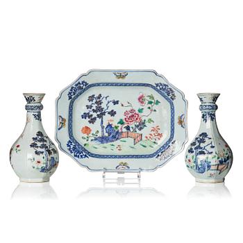 A pair famille rose vases and a serving dish, Qing dynasty, Qianlong (1736-95).