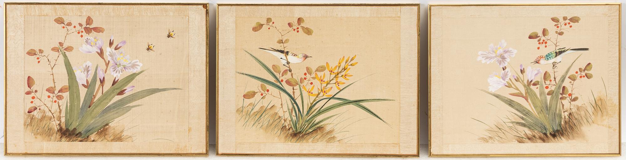 Three paintings on silk, China, mid-20th Century.