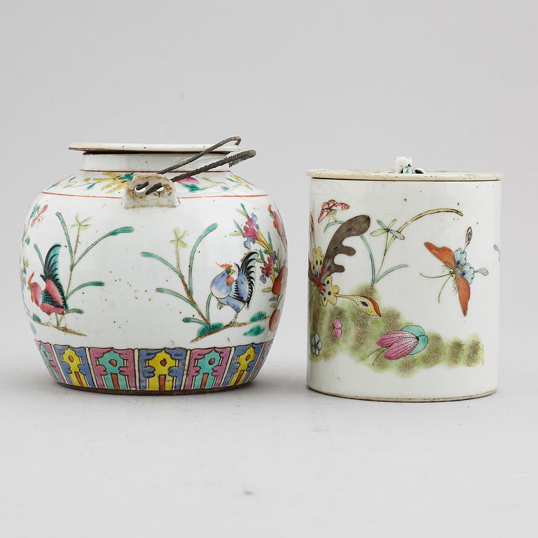 A famille rose table lamp made out of a lantern, and a teapot, dish and jar, late Qing dynasty.