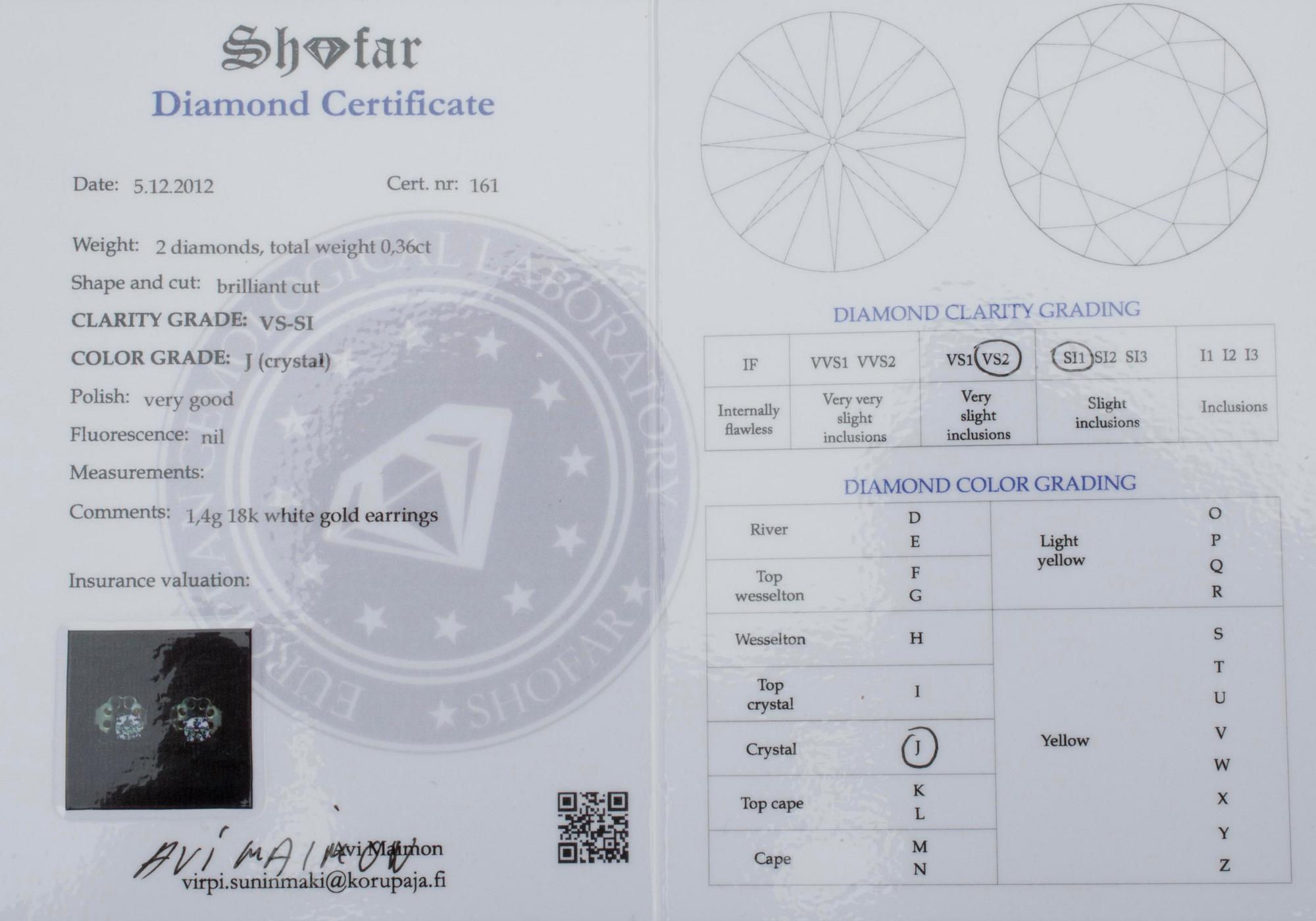 KORVAKORUT, valkokultaa 18K ja briljanttihiontaisia timantteja yht. 0,36 ct. J/VS-SI. Paino 1,4 g. Todistus.