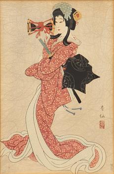Natori Shunsen, "Sansei Bandō Shūchō Shizuka Gozen" (Bandō Shūchō III as Shizuka Gozen).