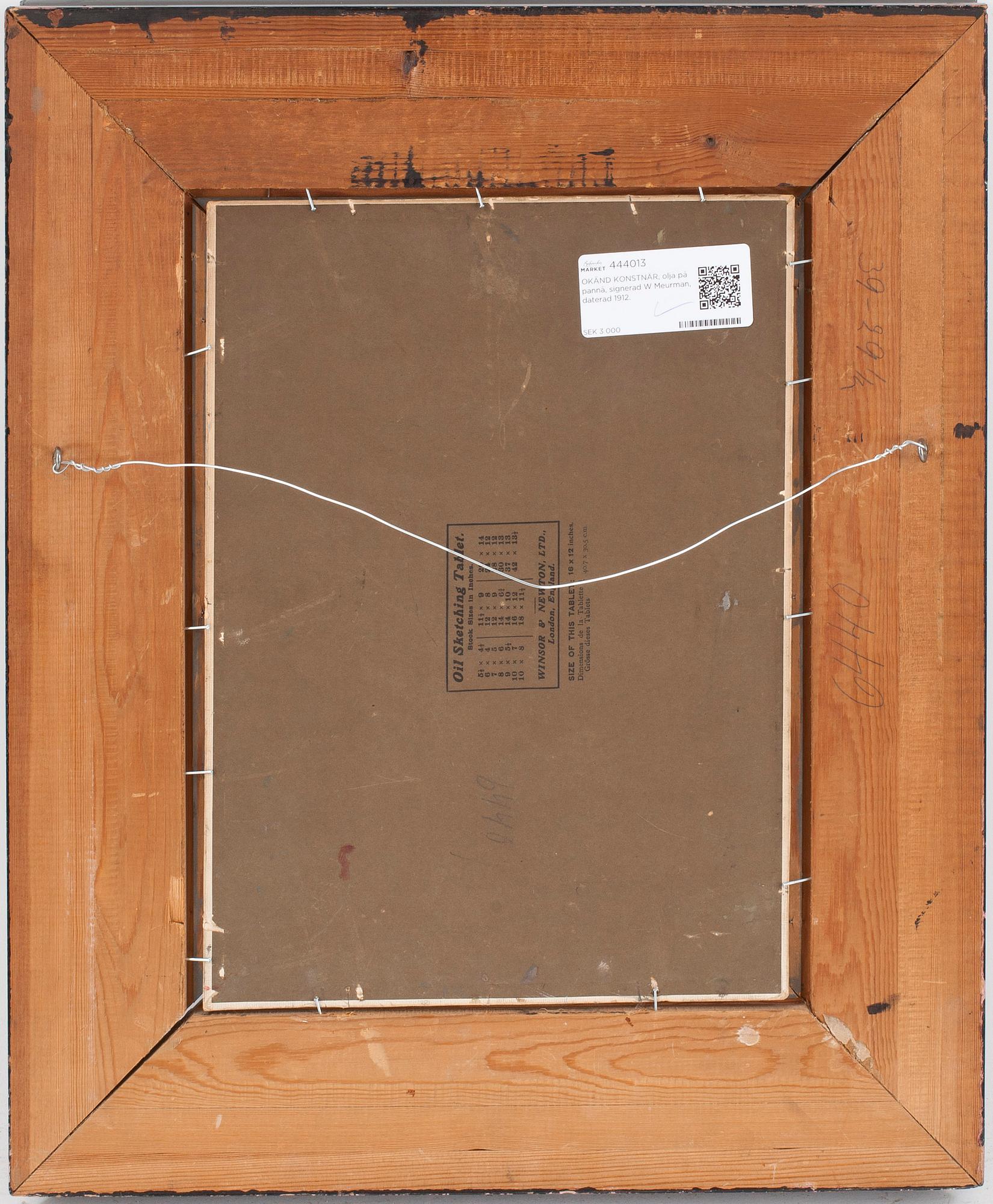 OKÄND KONSTNÄR, olja på pannå, signerad W Meurman o daterad 1912.