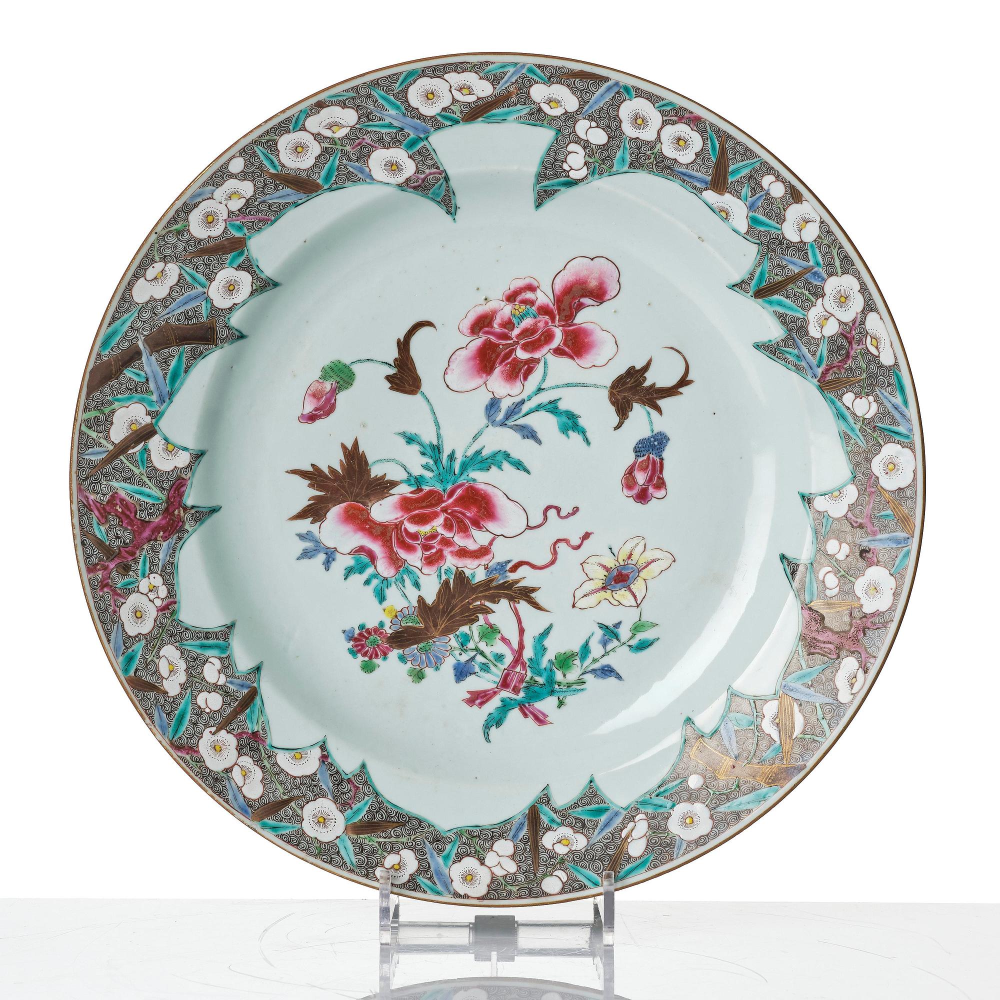 Two famille rose serving dishes and six dinner plates, Qing dynasty, Qianlong (1736-95).