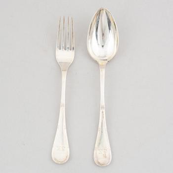 Uppsättning skedar och gafflar, 14 delar, silver, "Rosett", bl.a. Bernt Erlandsson, Kristianstad, 1912-32.