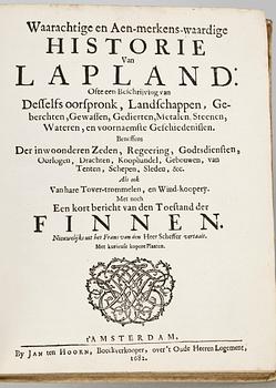 BOK, "Waragtige en Aanmerkenswaardige Historie van Lapland en Finland" av Johan Scheffer, Amsterdam 1682.