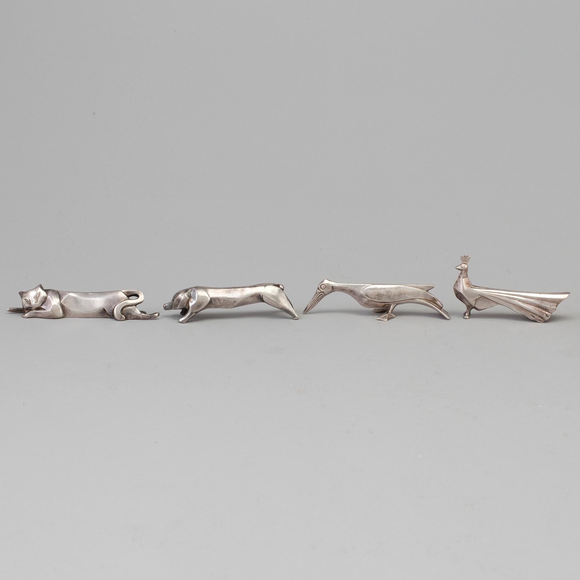 12 silver plated animal-shaped knife rests designed by Marcel Edouard Sandoz for Gallia Christofle, France.