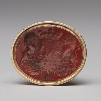 SIGILL, sk pitschaft, för friherreliga ätten Armfelt, guld med skuren karneol, ostämplad, daterat 1791.