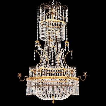 59. A late Gustavian early 19th century seven-light chandelier by Carl Henrik Brolin (1765-1832, master in Stockholm 1801).