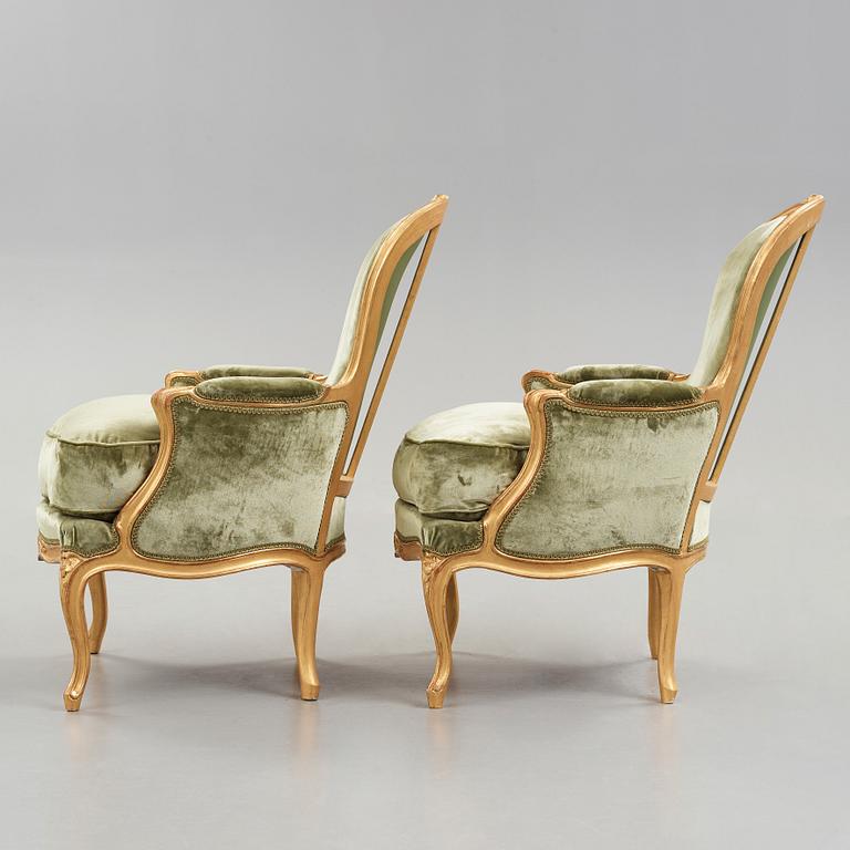 Two bergeres, one by Georges Jacob, Louis XV, the other one later.