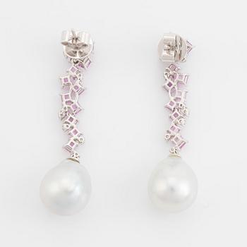 South sea pearl, pink sapphire and diamond earrings.