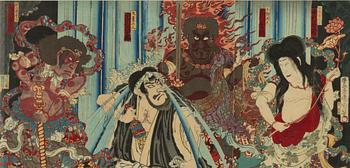 Toyohara Kunichika, triptyk, "Prince Mongaku with Fudo Myo-o, Kongara, and Seitaka Beneath the Nachi Waterfall".