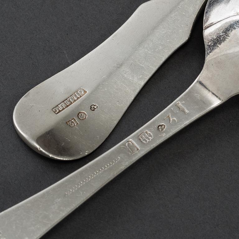 Three Swedish silver spoons and four (3+1) silver forks, marked Johan Wilhelm Zimmerman,  Stockholm 1796.