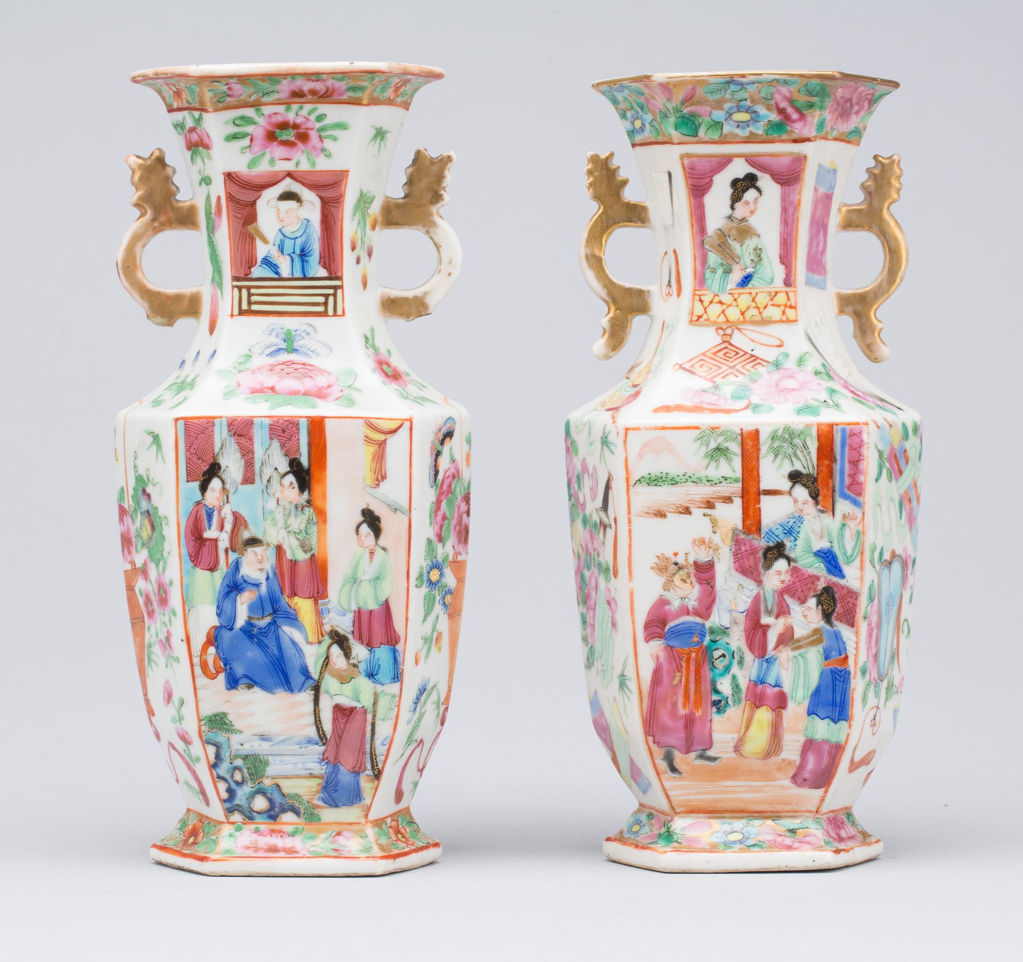 VASER, 2 st. porslin. Kanton. 1800-tal.