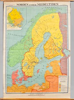 SKOLKARTA, "Norden under Medeltiden" AB Kartlitografen Sthlm, 1930-tal.