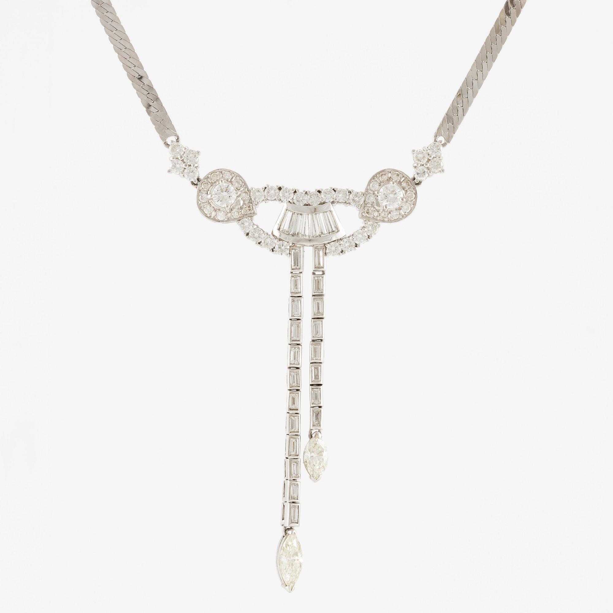 Necklace, 14K white gold with baguette-cut, brilliant-cut, and marquise-cut diamonds.