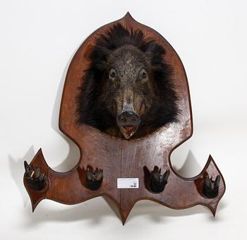 JAKTTROFÉ, vildsvinshuvud och klövar monterade som klädhängare.