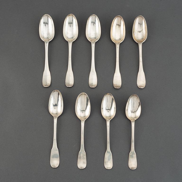 A matched set of nine 18th century silver spoons, marked Basel and Naunur (Belgum).