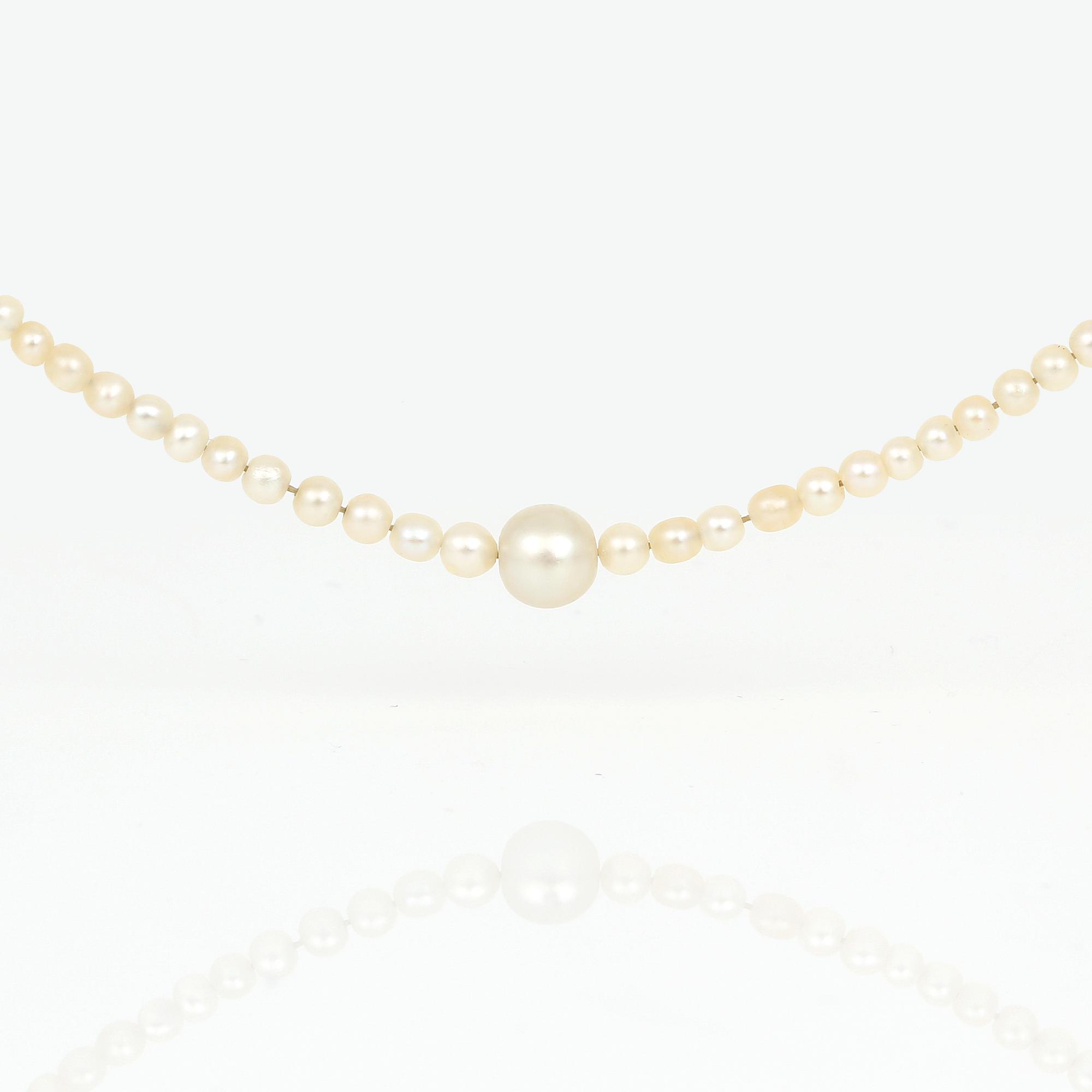 PÄRLCOLLIER, troligen äkta pärlor med 18K guld lås, diamanter tot ca 0,02 ct samt små safir.