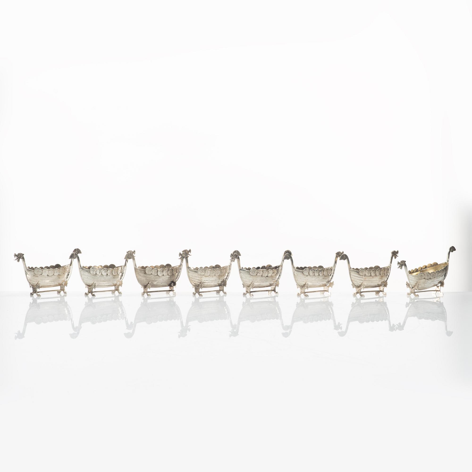 Viking ships/spice jars, 830/1000 silver, 8 pieces.