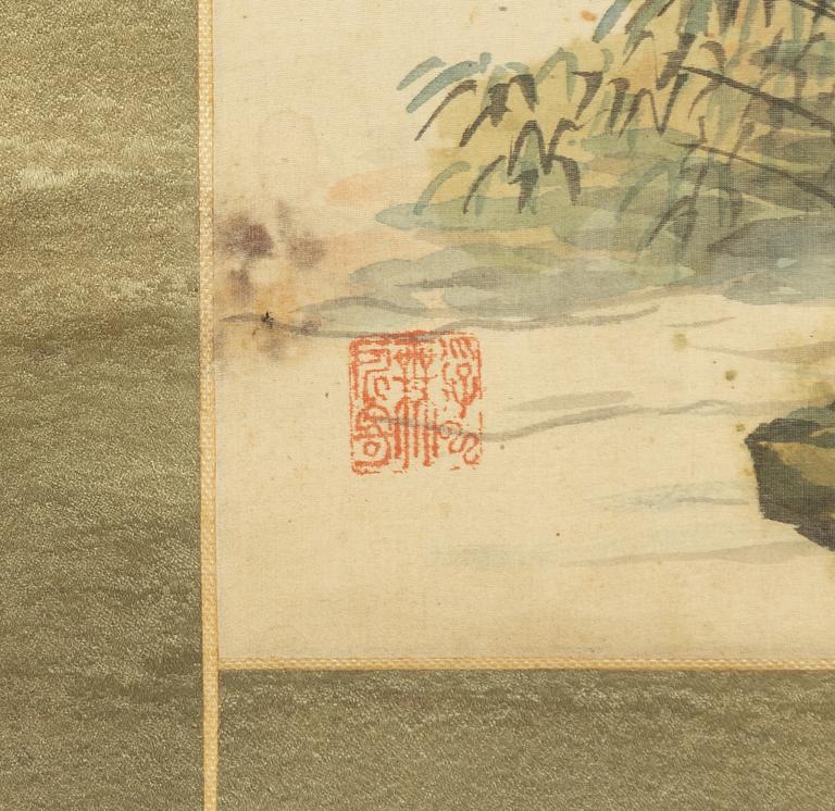 A Chinese scroll painting  by anonymous artist, ink and colour on silk, signed and with four seals in red.