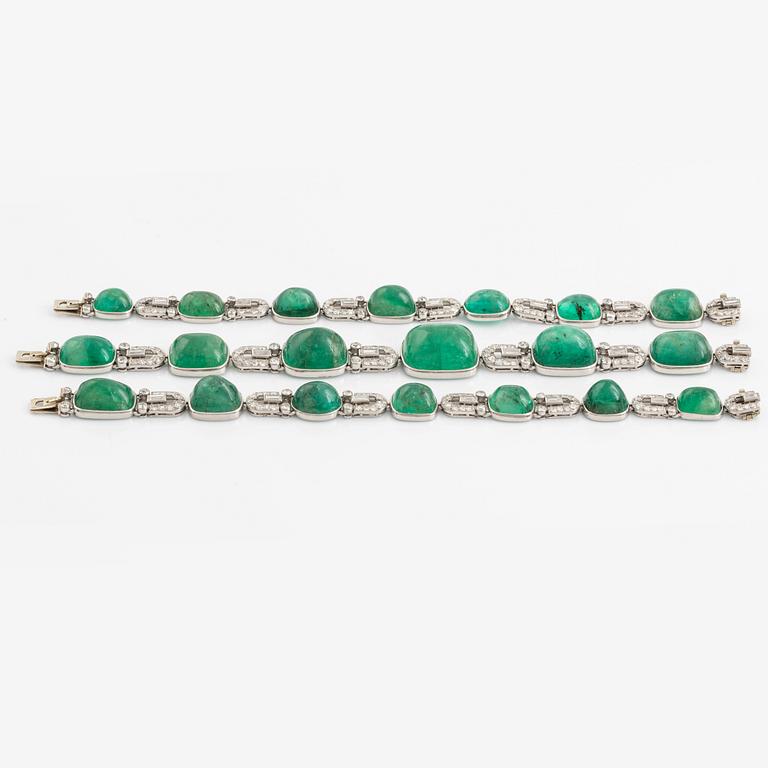 Collier/armband platina med cabochonslipade smaragder, Art Deco.